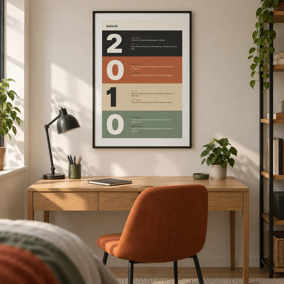 2010 Typography Print, framed on the wall of a modern study corner for a teenager aged 15-17 in a UK family home in a bedroom