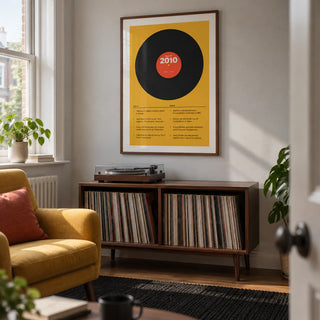 2010 Vinyl Record Print, framed on the wall of a compact listening room in a British terraced house with a pale grey wall in a living room