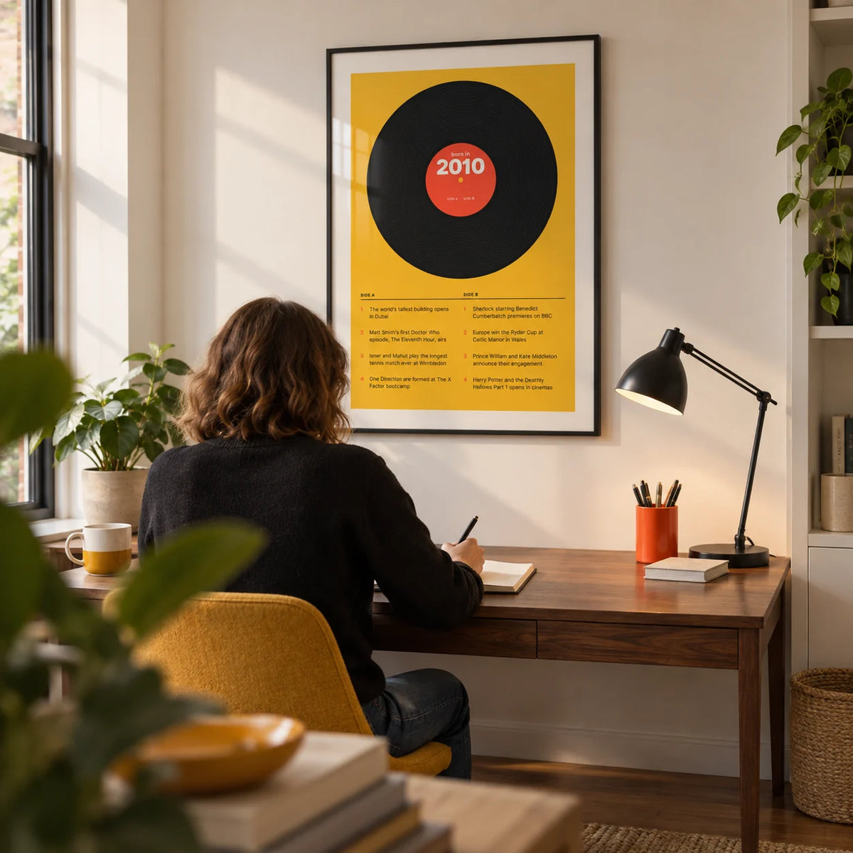 2010 Vinyl Record Print, framed on the wall of a contemporary home study in a UK family house with an off-white wall
