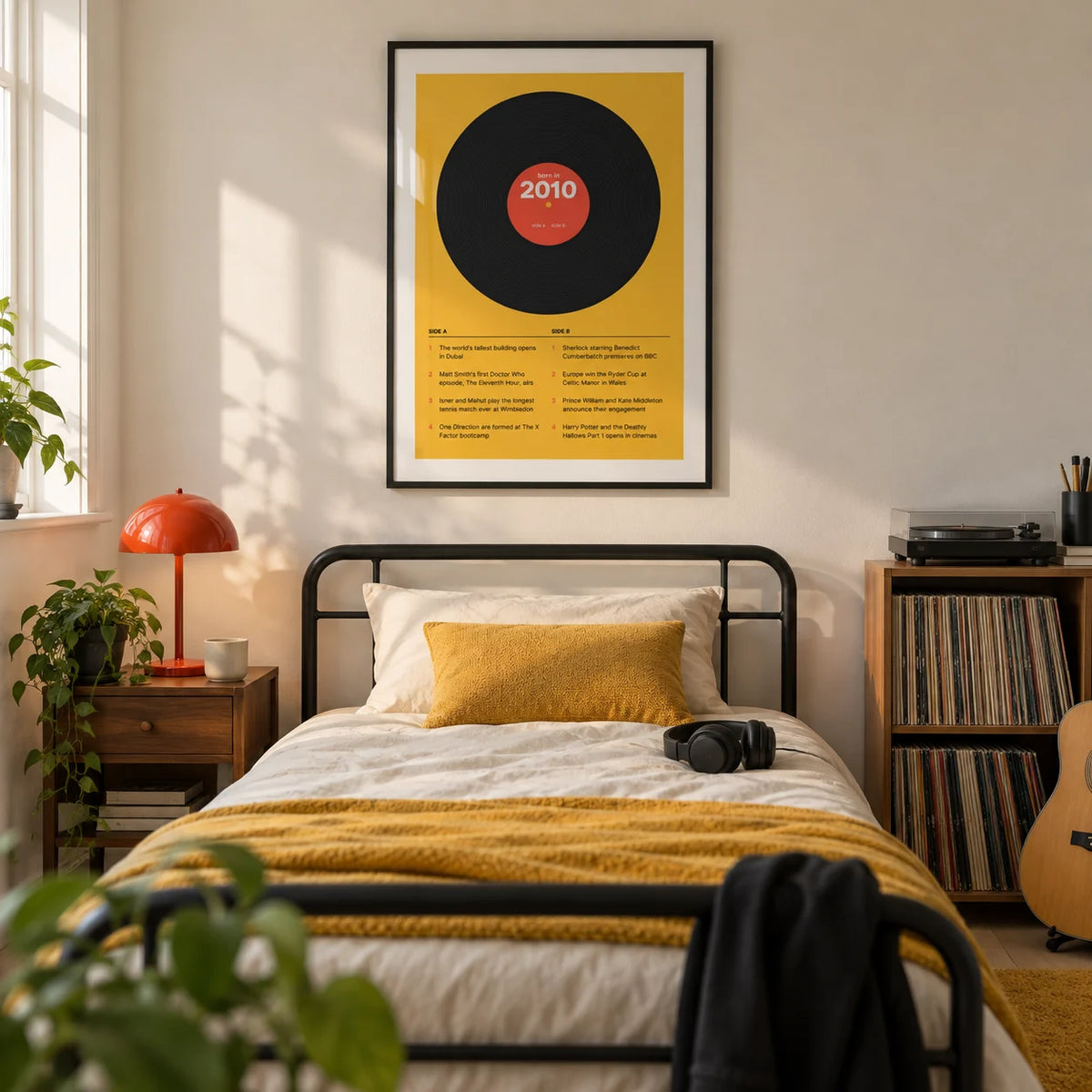 2010 Vinyl Record Print, framed on the wall of a modern single bedroom for a music-loving teenager (15-17) in a UK family home