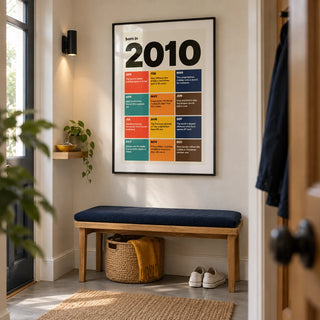 2010 Year in Review Print, framed on the wall of a compact modern hallway in a British semi-detached house with a warm white wall and plain grey floor
