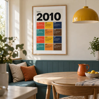 2010 Year in Review Print, framed on the wall of a contemporary family dining nook in a UK home with a pale cream wall and a built-in teal banquette