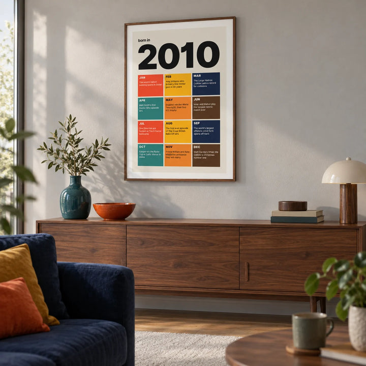 2010 Year in Review Print, framed on the wall of a design-led living room in a UK family home with a pale grey wall and walnut furniture