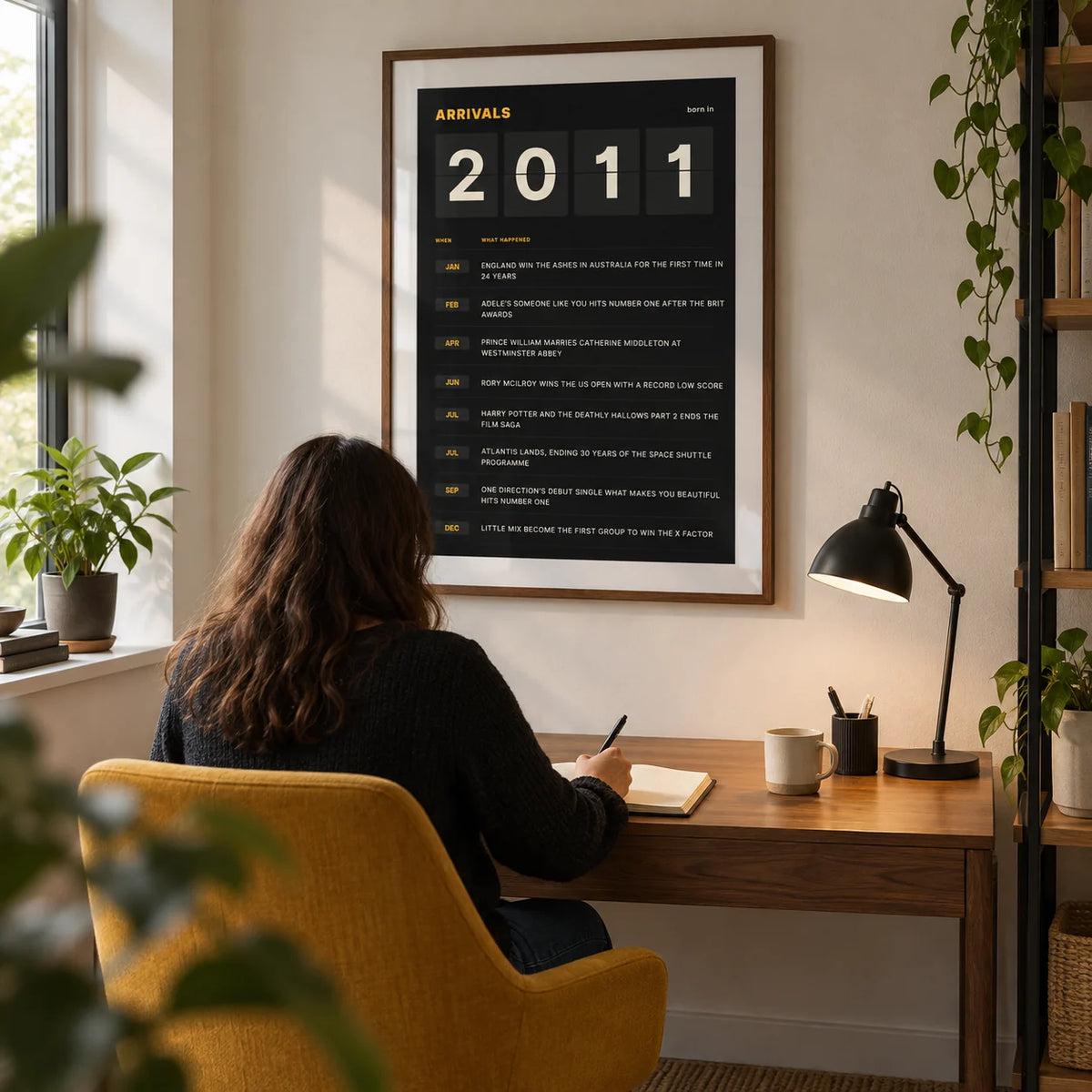 2011 Arrivals Board Print, framed on the wall of a compact adult study in a modern UK home with an off-white wall and a mustard yellow desk chair