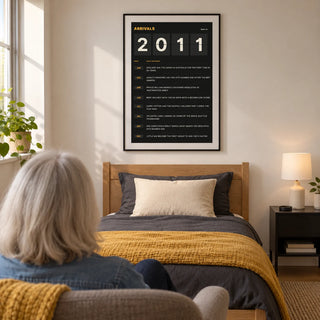 2011 Arrivals Board Print, framed on the wall of a modern teenage bedroom for someone aged 14-17 in a UK family home