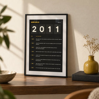 2011 Arrivals Board Print, a small A4 framed print leaning on a walnut shelf in a living room