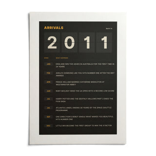 2011 Arrivals Board Print, shown as an unframed paper print on a plain white background