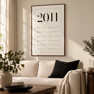 2011 Birthday Print, framed on the wall of a contemporary living room in a UK terraced family home with a warm white wall and walnut furniture