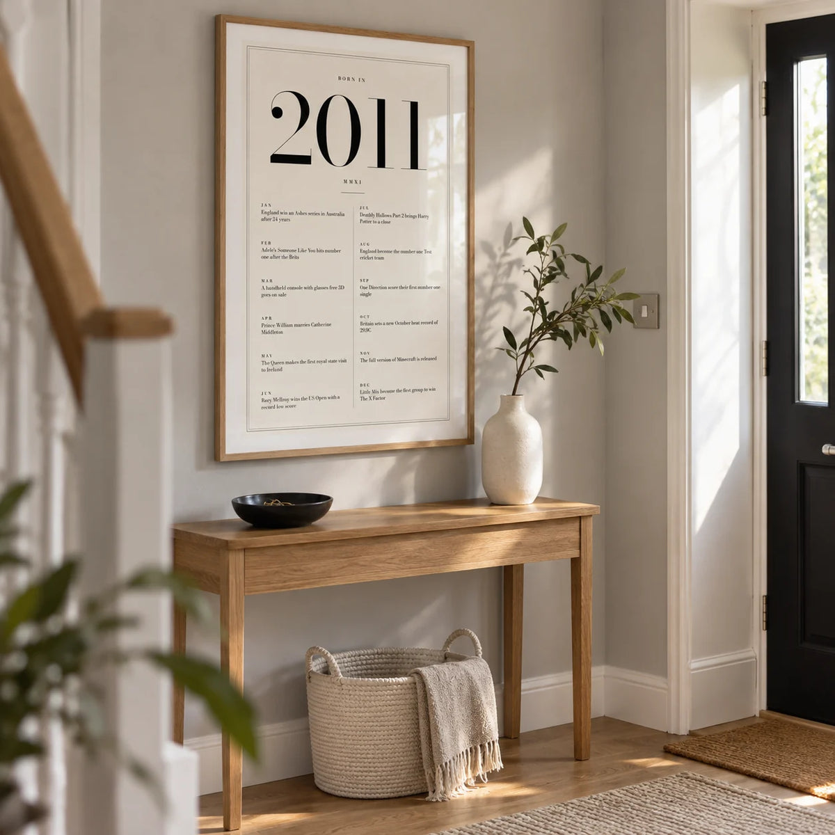 2011 Birthday Print, framed on the wall of a modern entrance hallway in a UK family house with a pale grey wall and oak floor