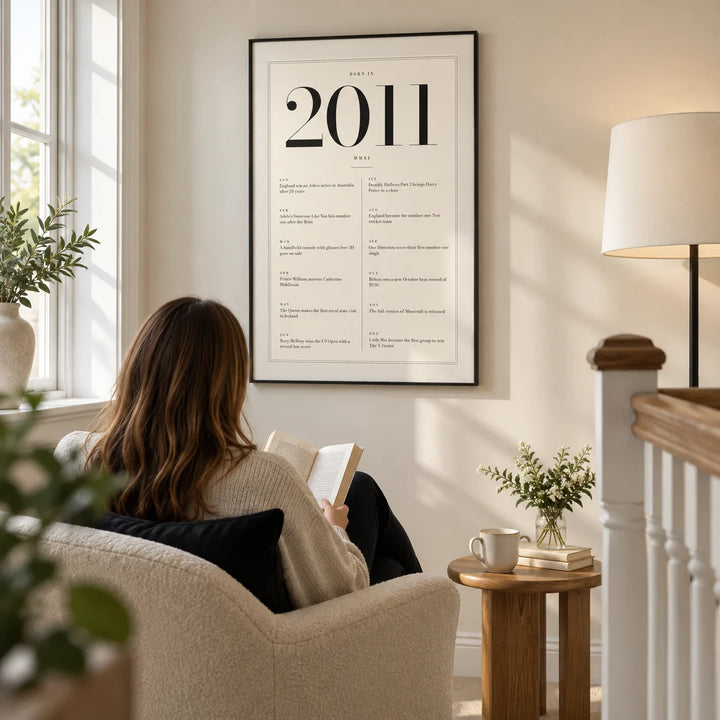 2011 Birthday Print, framed on the wall of a quiet reading corner on a spacious landing in a UK family home with an ivory wall in a living room