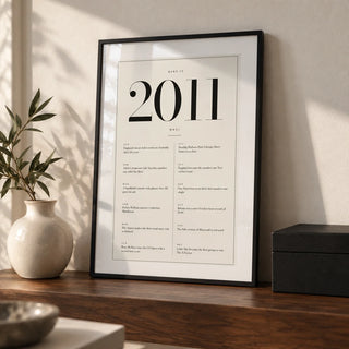 2011 Birthday Print, a small A4 framed print leaning on a walnut shelf in a living room