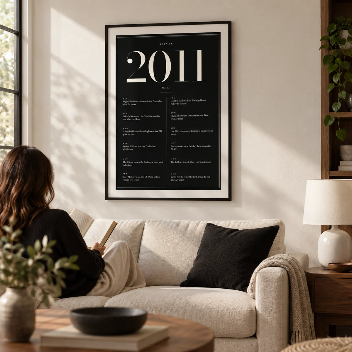 2011 Black Birthday Print, framed on the wall of a contemporary family living room with a warm white wall and walnut furniture