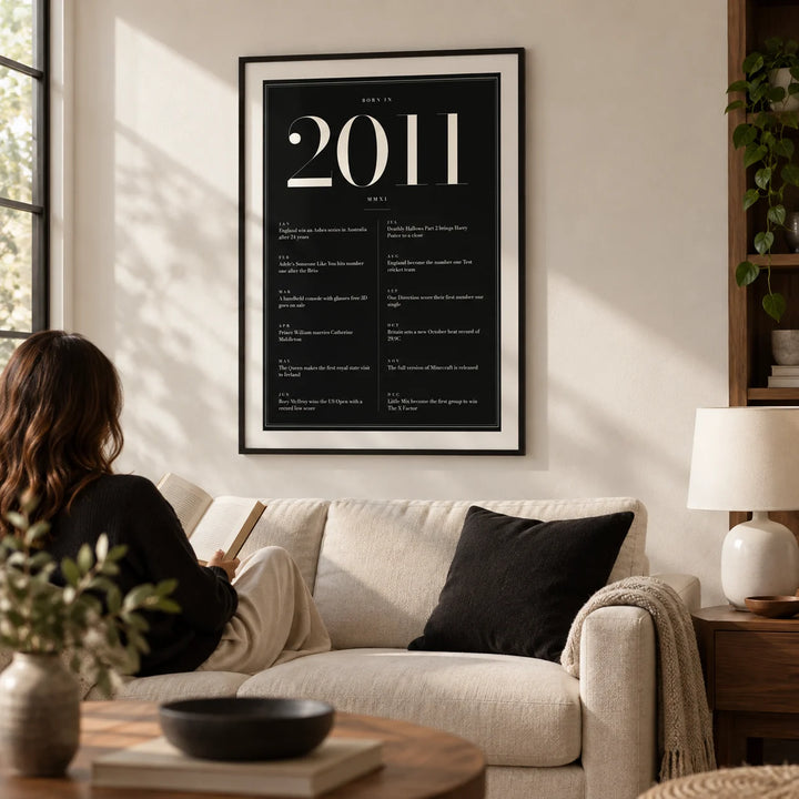 2011 Black Birthday Print, framed on the wall of a contemporary family living room with a warm white wall and walnut furniture