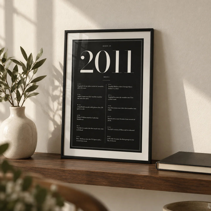 2011 Black Birthday Print, a small A4 framed print leaning on a walnut shelf in a living room
