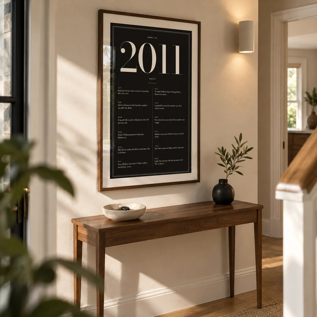 2011 Black Birthday Print, framed on the wall of a smart hallway in a UK family semi with a pale stone wall and oak floor