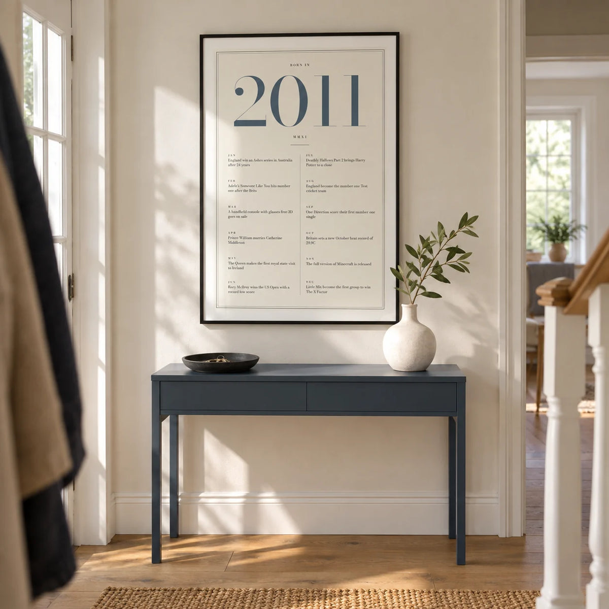 2011 Blue Birthday Print, framed on the wall of a bright entrance hallway in a modern UK family house with a pale cream wall and simple oak flooring