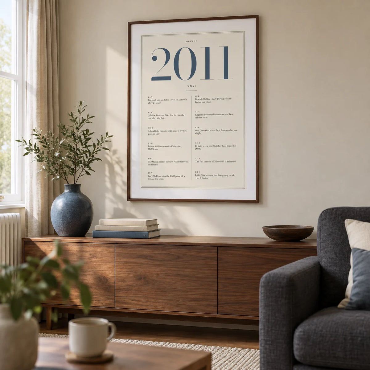 2011 Blue Birthday Print, framed on the wall of a contemporary living room in a British terraced family home with a cream wall and walnut furniture