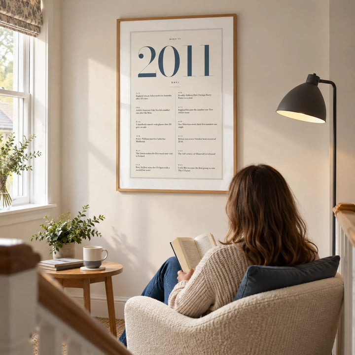 2011 Blue Birthday Print, framed on the wall of a quiet upstairs landing reading corner in a UK family home with a warm white wall in a living room