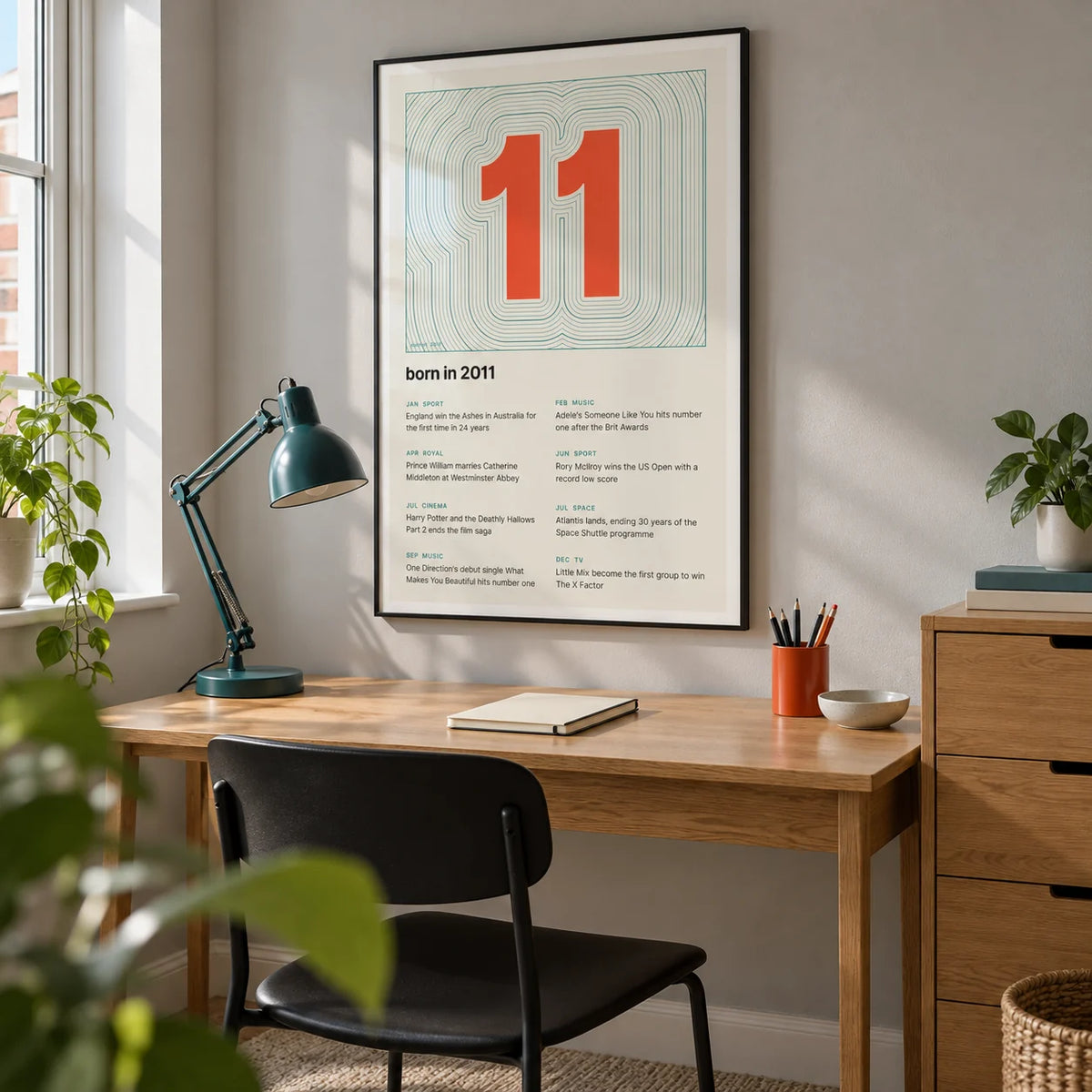 2011 Contour Map Print, framed on the wall of a crisp homework study in a UK family house with a pale grey wall and a slim oak desk