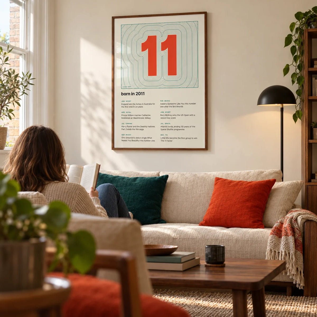 2011 Contour Map Print, framed on the wall of a modern family living room in a British terrace with warm cream walls and walnut furniture