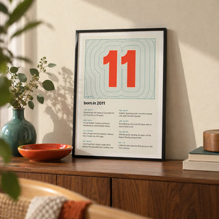 2011 Contour Map Print, a small A4 framed print leaning on a walnut sideboard in a living room