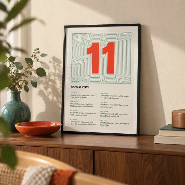 2011 Contour Map Print, a small A4 framed print leaning on a walnut sideboard in a living room