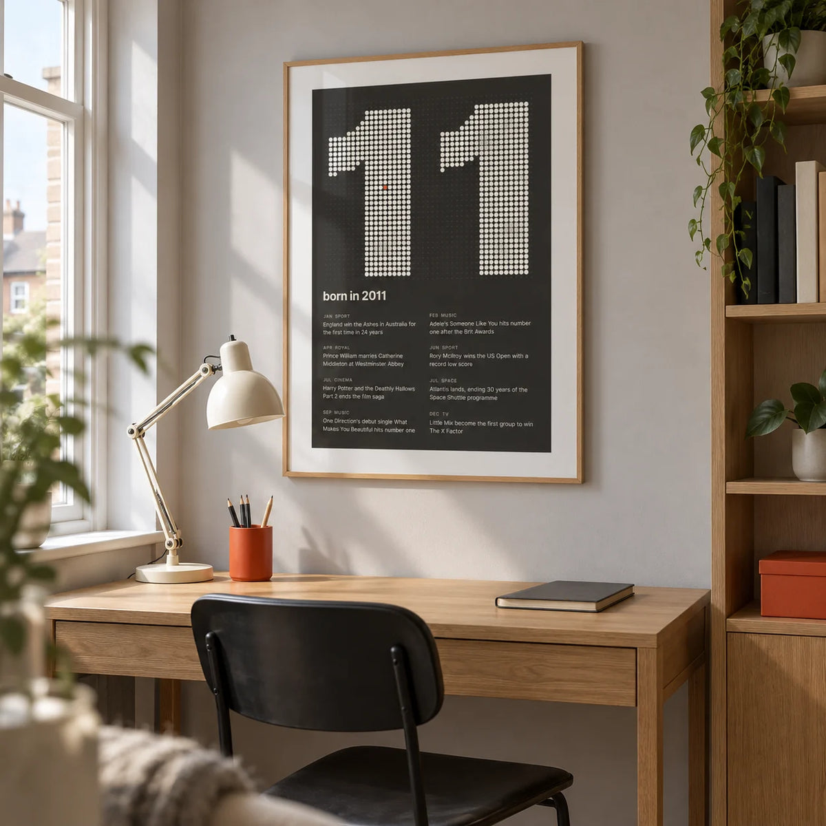 2011 Halftone Print, framed on the wall of a compact contemporary homework study in a British terraced house with a pale grey wall
