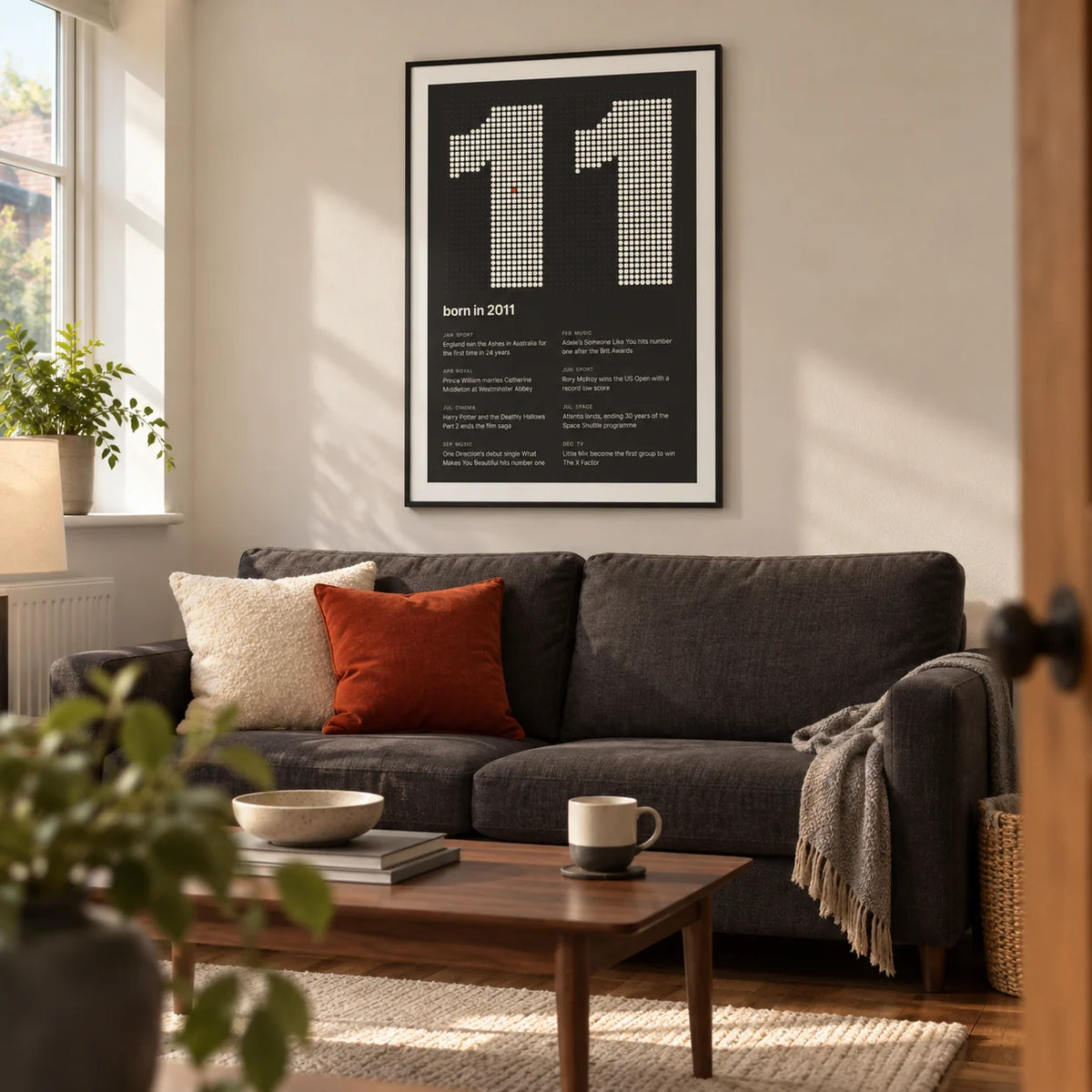 2011 Halftone Print, framed on the wall of a modern family living room in a UK semi-detached home with a warm white wall and walnut floor