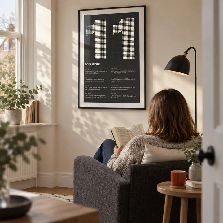 2011 Halftone Print, framed on the wall of a modern reading corner beside a bay window in a UK family home in a living room
