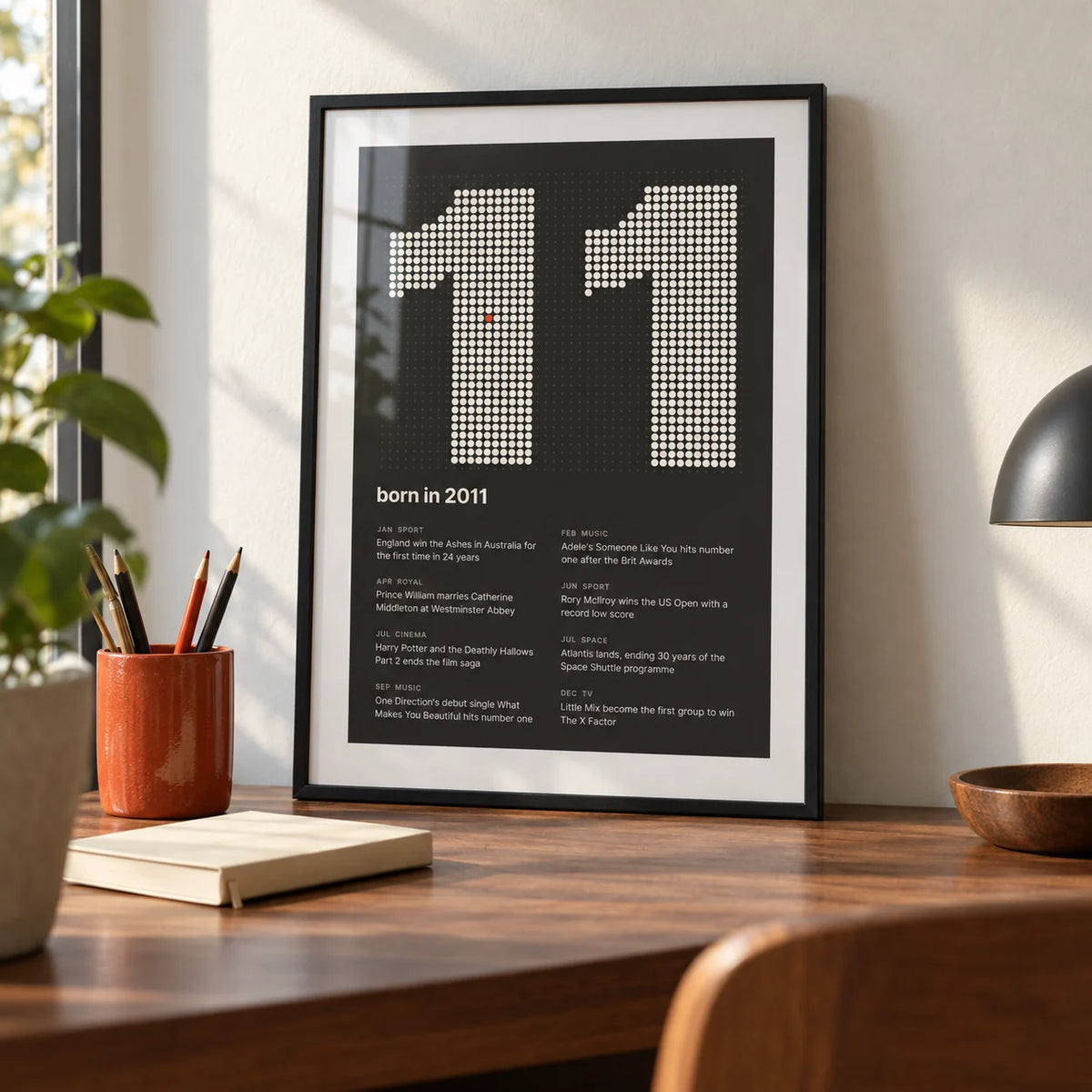 2011 Halftone Print, a small A4 framed print leaning on a walnut desk