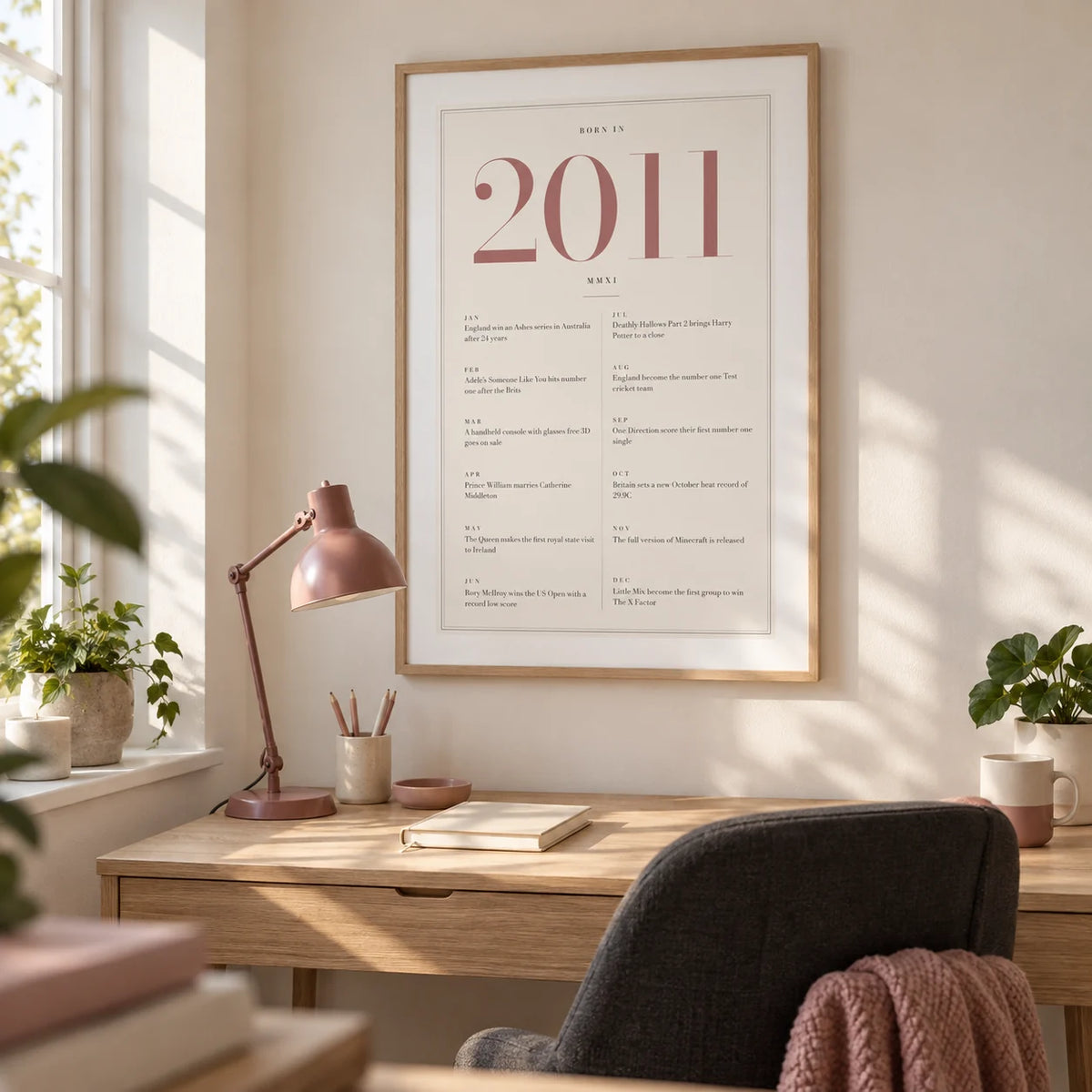 2011 Pink Birthday Print, framed on the wall of a bright teenage study area in a UK family home with a warm white wall in a bedroom