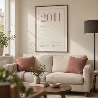 2011 Pink Birthday Print, framed on the wall of a contemporary living room in a UK terraced family home with ivory walls and warm walnut furniture