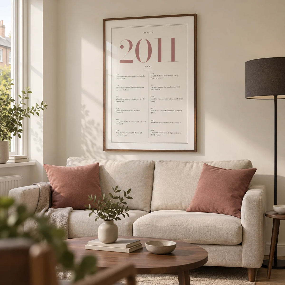 2011 Pink Birthday Print, framed on the wall of a contemporary living room in a UK terraced family home with ivory walls and warm walnut furniture