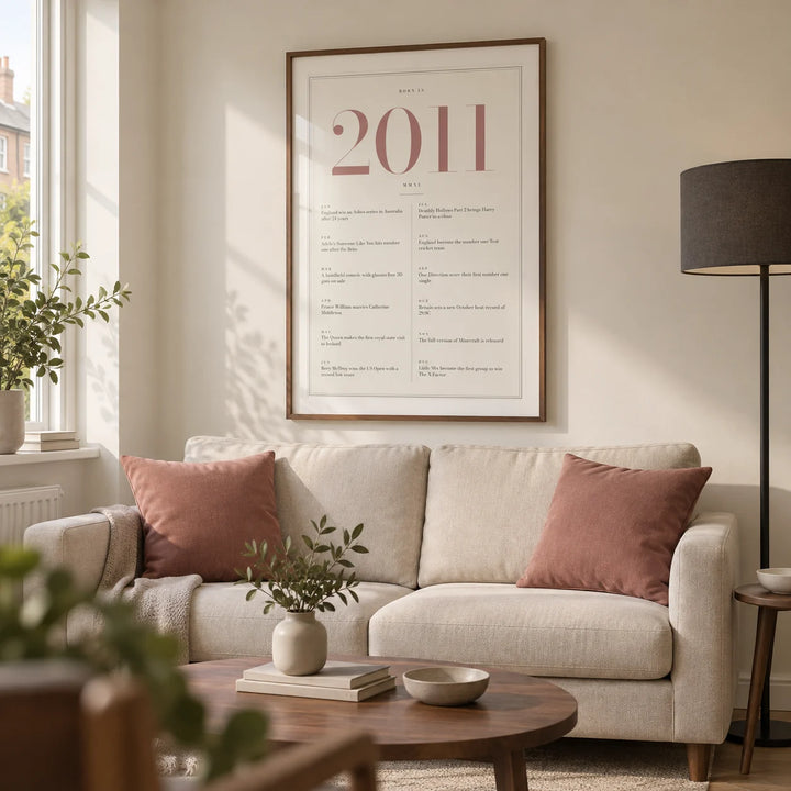 2011 Pink Birthday Print, framed on the wall of a contemporary living room in a UK terraced family home with ivory walls and warm walnut furniture