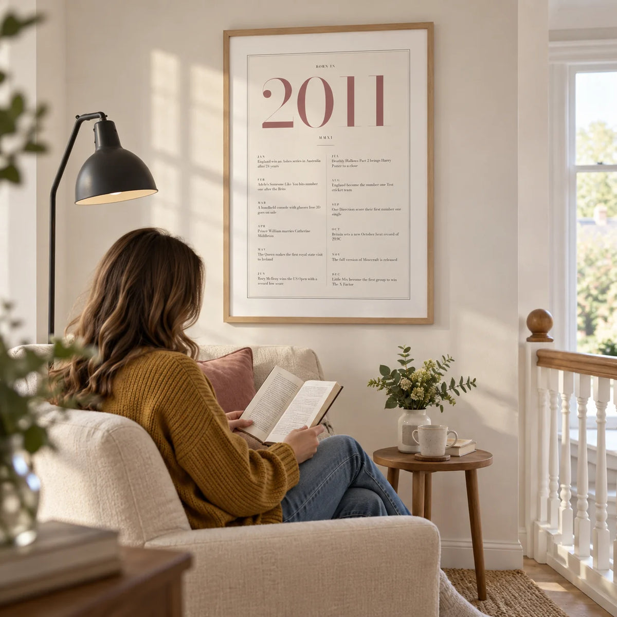 2011 Pink Birthday Print, framed on the wall of a quiet reading corner on a spacious landing in a UK family home with a warm white wall in a living room