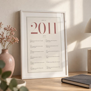 2011 Pink Birthday Print, a small A4 framed print leaning on a pale oak desk