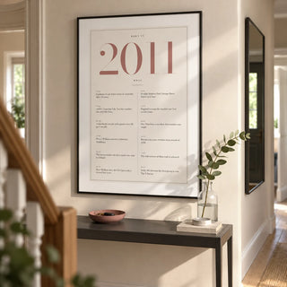 2011 Pink Birthday Print, framed on the wall of a tidy hallway in a modern UK family home with a warm ivory wall and pale wood floor