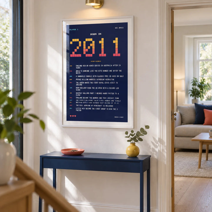 2011 Pixel Art Print, framed on the wall of a bright modern hallway in a UK family home with white walls and a pale oak floor
