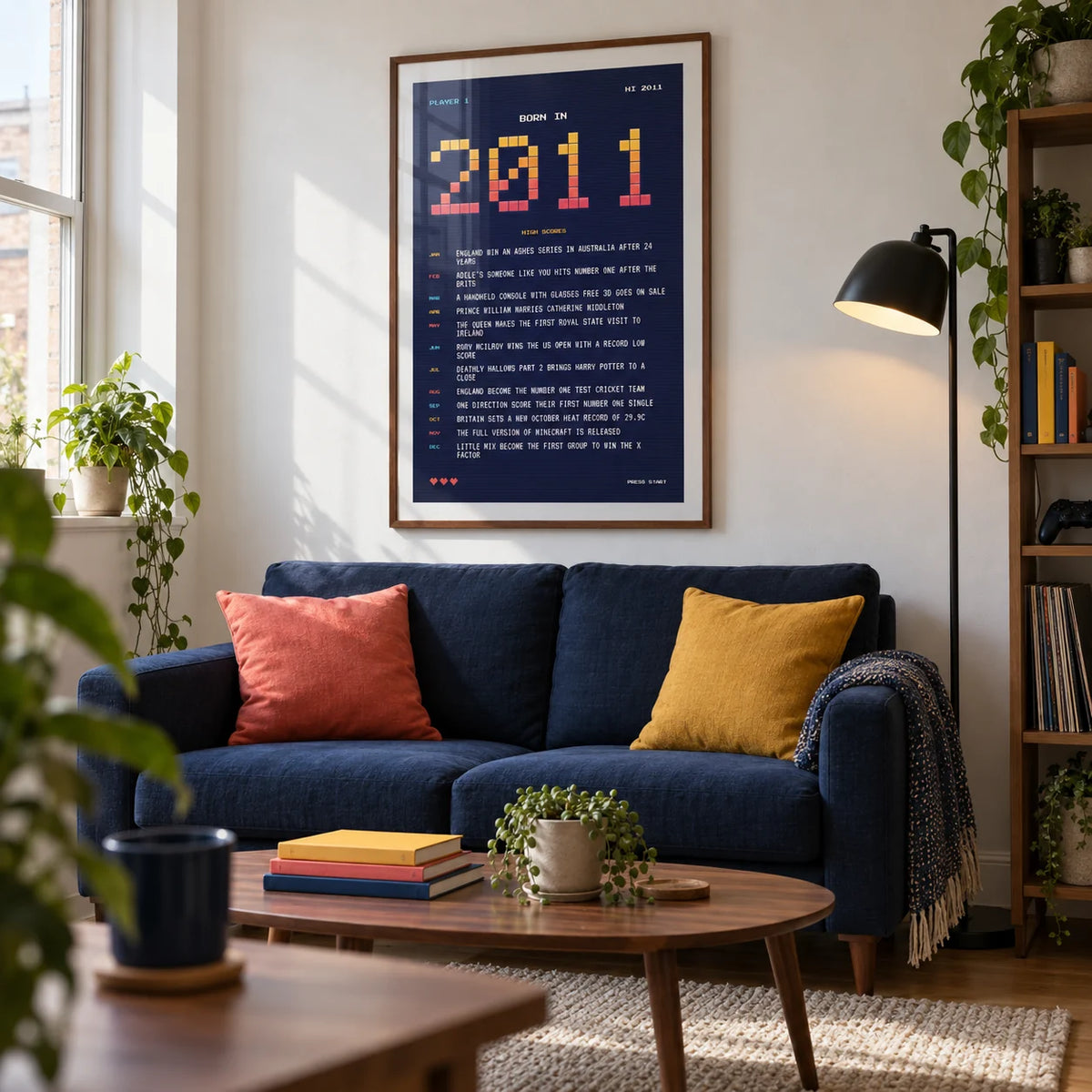2011 Pixel Art Print, framed on the wall of a contemporary living room in a UK first flat for a retro-gaming enthusiast (22-35)