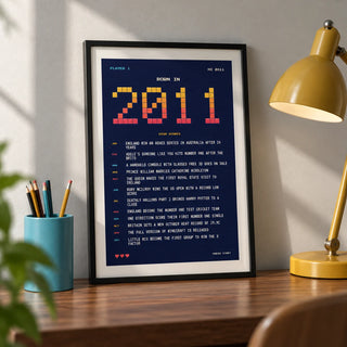 2011 Pixel Art Print, a small A4 framed print leaning on a walnut desk