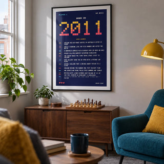 2011 Pixel Art Print, framed on the wall of a small games snug in a UK terraced house with a pale grey wall and simple charcoal carpet in a living room