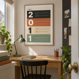 2011 Typography Print, framed on the wall of a crisp study corner in a UK family home's converted box room