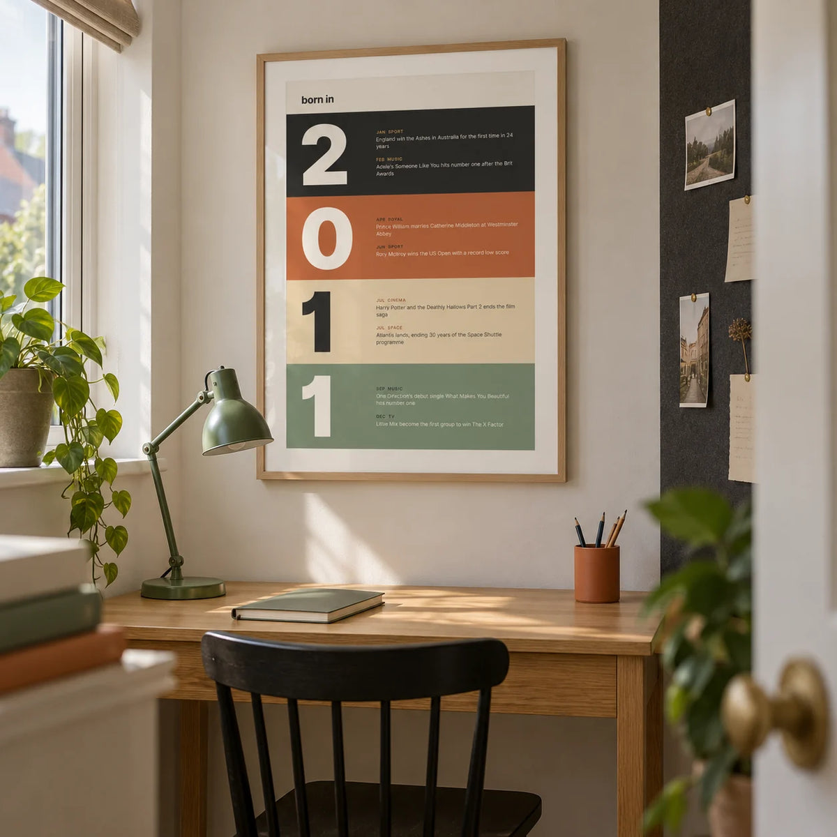 2011 Typography Print, framed on the wall of a crisp study corner in a UK family home's converted box room
