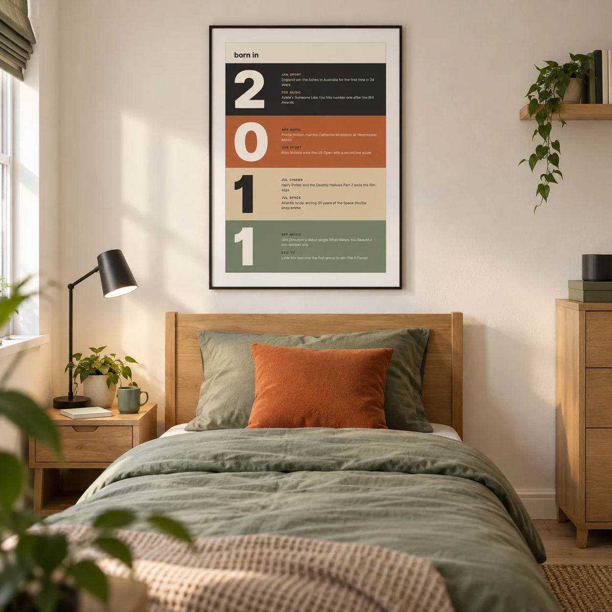 2011 Typography Print, framed on the wall of a modern teenage bedroom for a 14-16-year-old in a UK family home