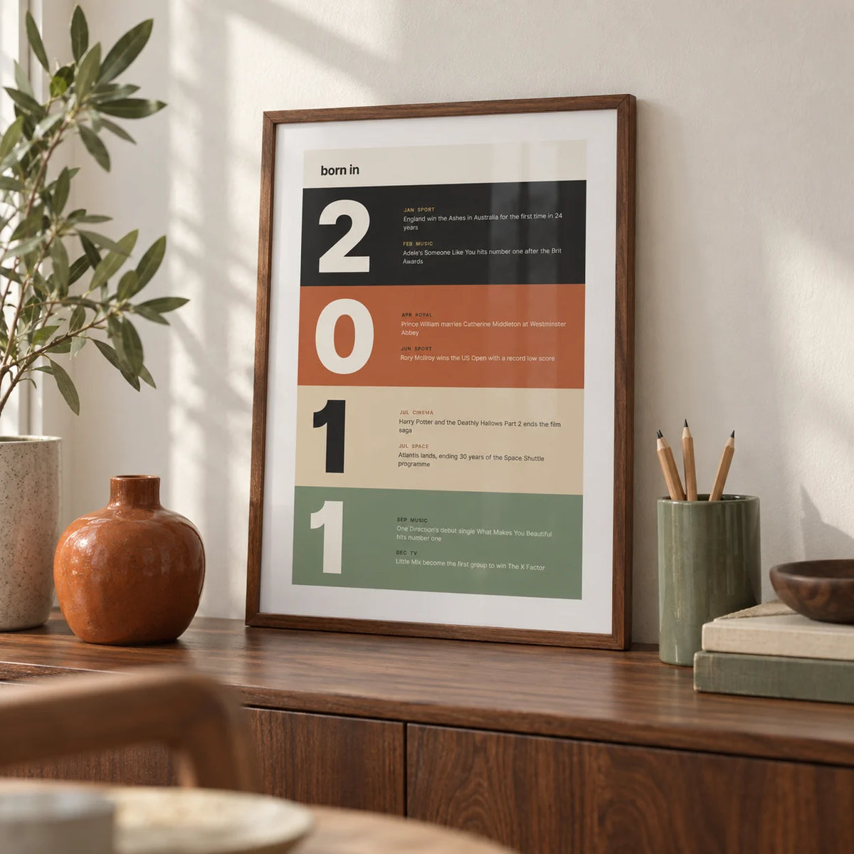 2011 Typography Print, a small A4 framed print leaning on a walnut sideboard in a living room