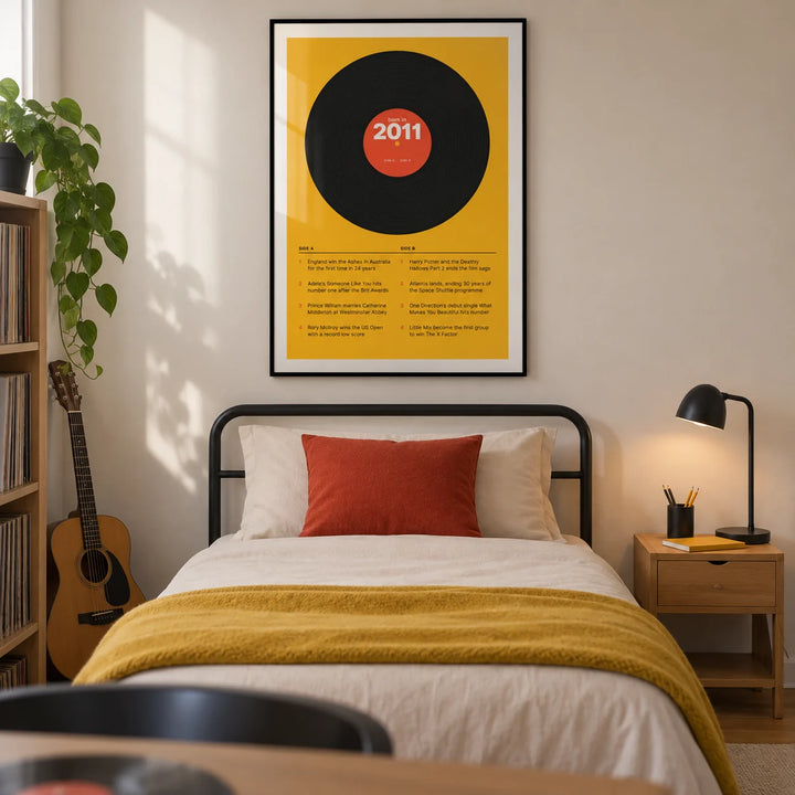 2011 Vinyl Record Print, framed on the wall of a modern music-loving teenager's single bedroom (14-16) in a UK family home with a warm white wall and oak floor