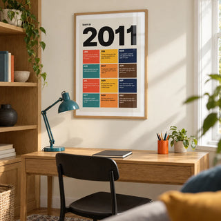 2011 Year in Review Print, framed on the wall of a bright contemporary study in a UK family home with a cream wall and built-in oak shelving