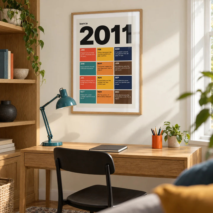 2011 Year in Review Print, framed on the wall of a bright contemporary study in a UK family home with a cream wall and built-in oak shelving