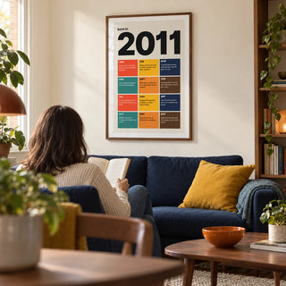 2011 Year in Review Print, framed on the wall of a modern living room in a UK terraced house with a warm white wall and walnut floor