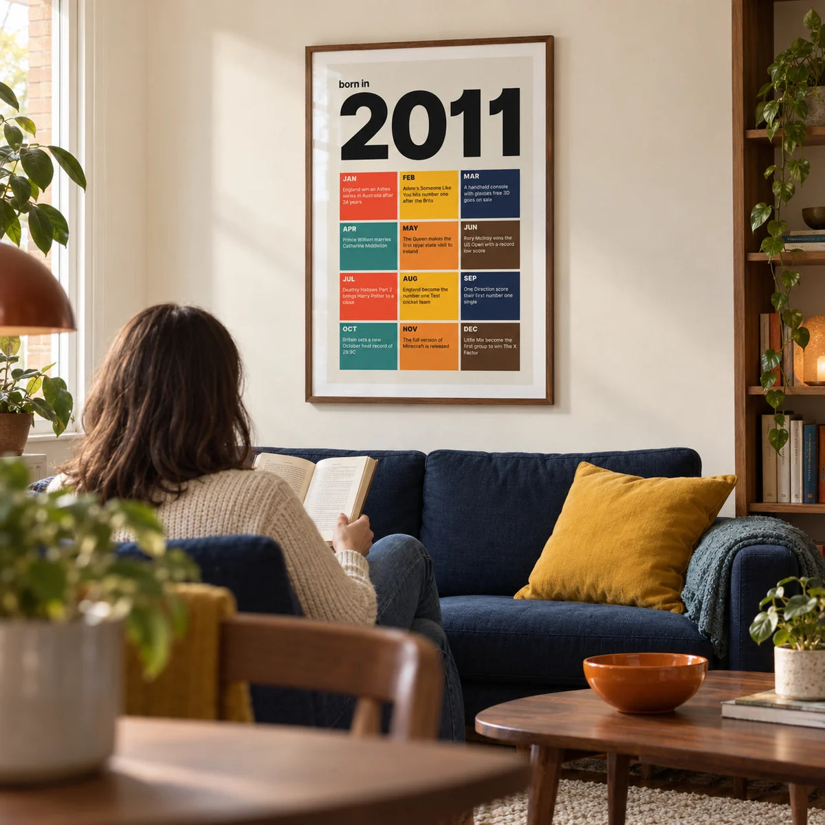 2011 Year in Review Print, framed on the wall of a modern living room in a UK terraced house with a warm white wall and walnut floor